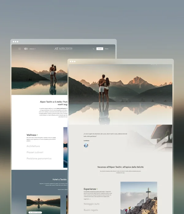Un nuovo elegante sito web per l’Alpen Tesitin in Alto Adige Sito web con coppia al lago di montagna al tramonto su due schermi sovrapposti