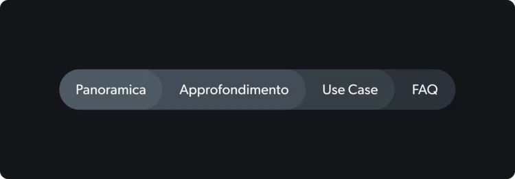 Menu circolare con le opzioni Panoramica, Approfondimento, Use Case, FAQ