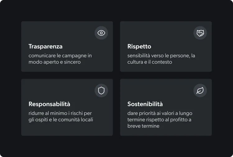 Quattro valori: Trasparenza, Rispetto, Responsabilità, Sostenibilità su sfondo scuro