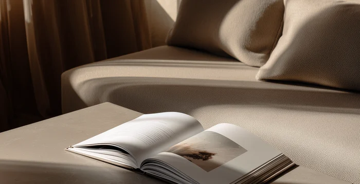 Offenes Buch auf Tisch vor beigem Sofa in warmem Tageslicht