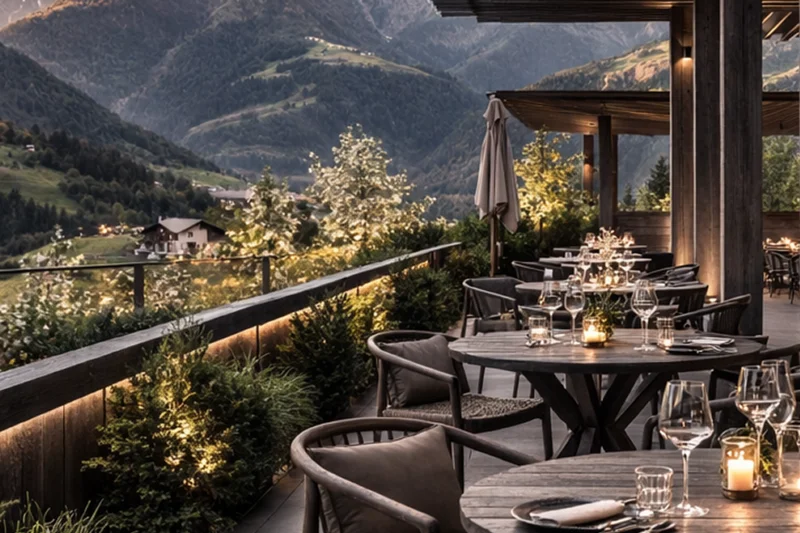 Two worlds, one signature Terrace with set tables overlooking snow-capped mountain peaks