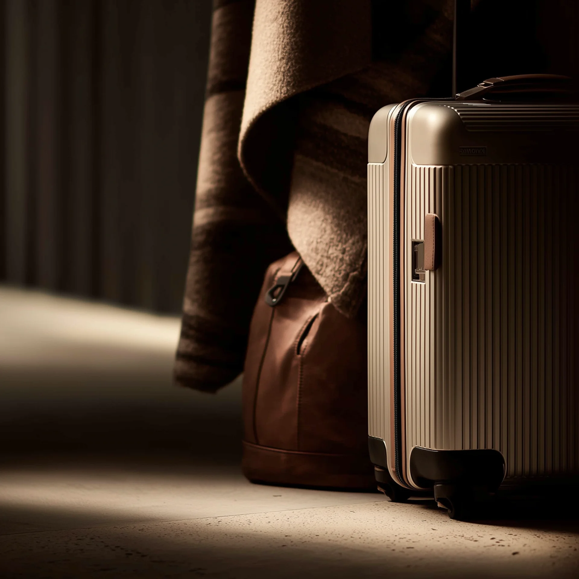 Reisekoffer und Ledertasche neben einer gehängten Jacke bei schwachem Licht