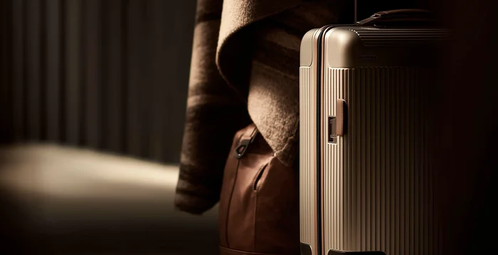 Reisekoffer und Ledertasche neben einer gehängten Jacke bei schwachem Licht