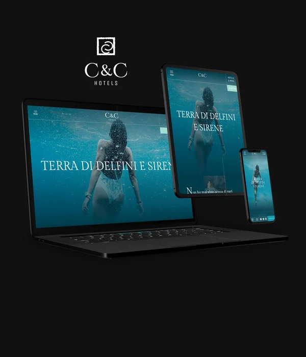 Fabulous seaside holiday in Cilento C&C Hotels website on laptop, tablet, and phone showing woman underwater