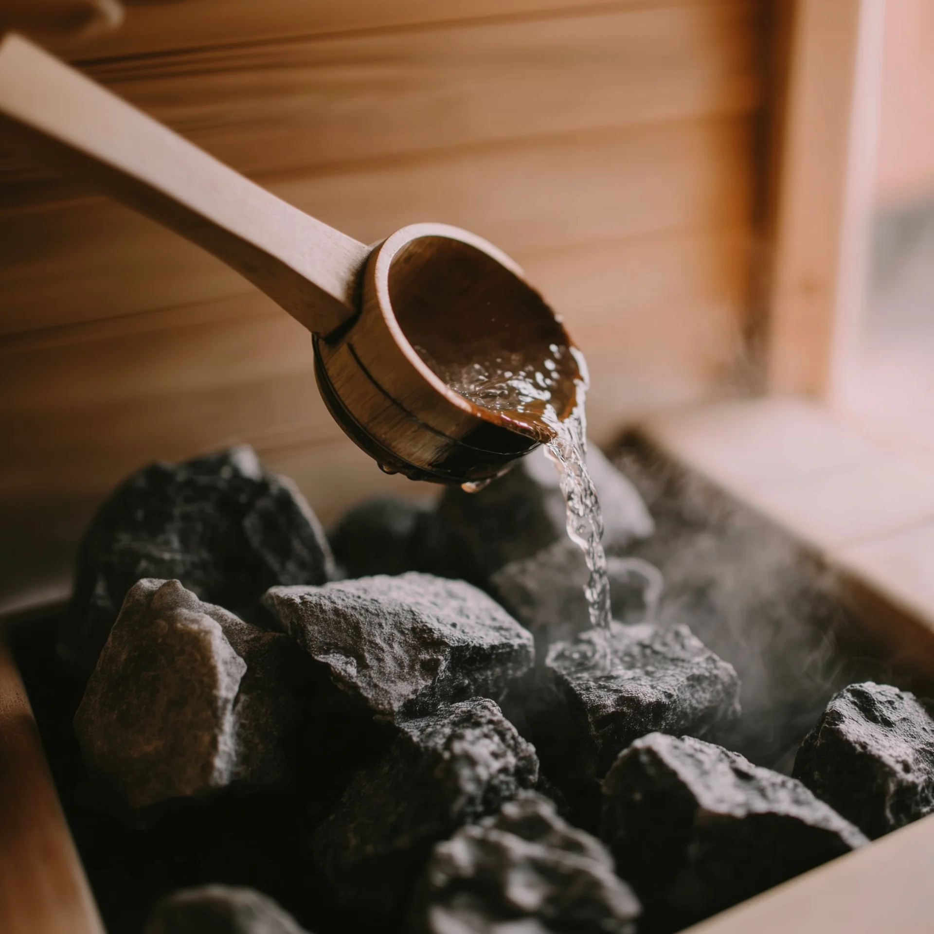 Wasser wird mit einer Holzschöpfkelle auf heiße Steine in der Sauna gegossen