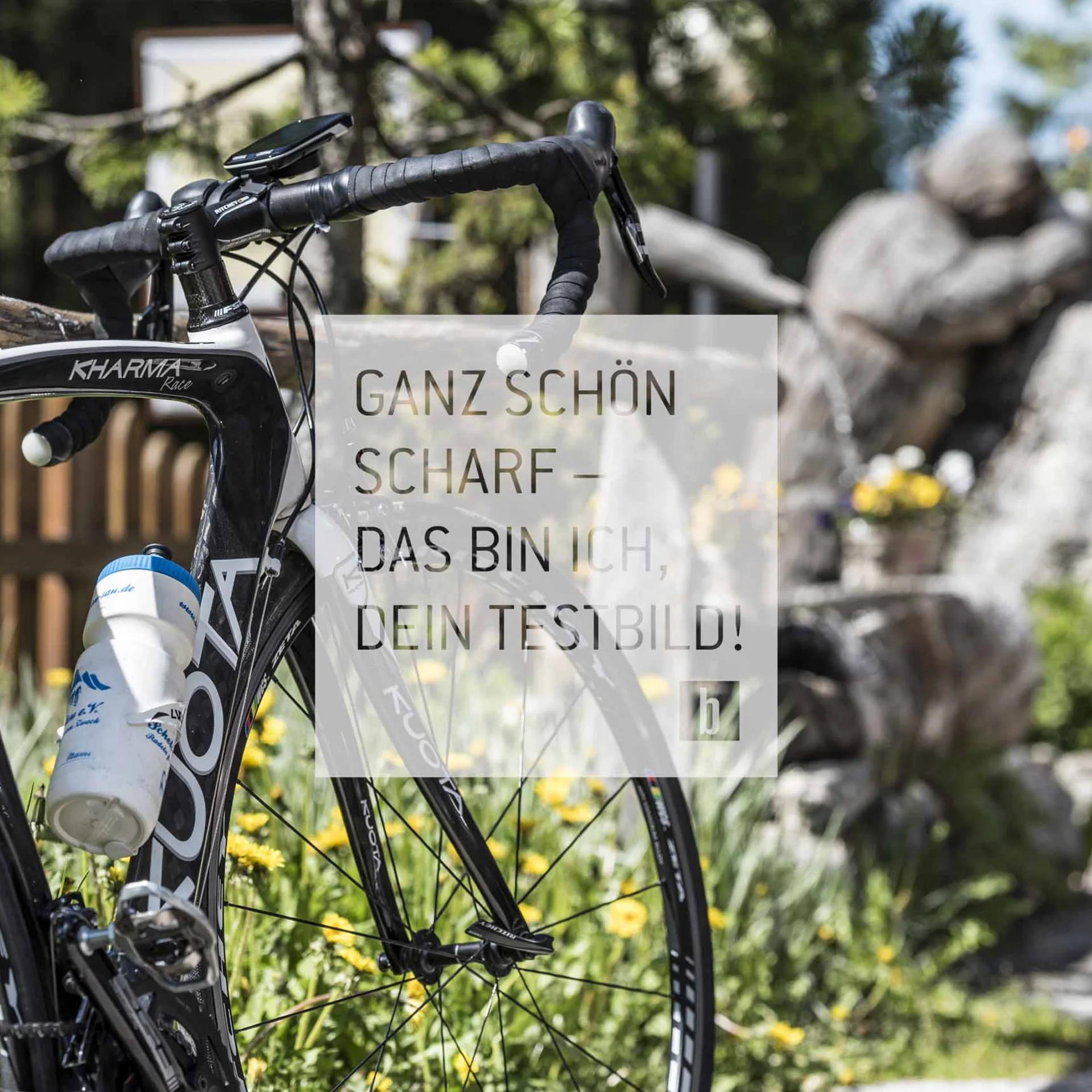 Fahrrad mit Wasserflasche in einem Garten mit Steinfigur im Hintergrund