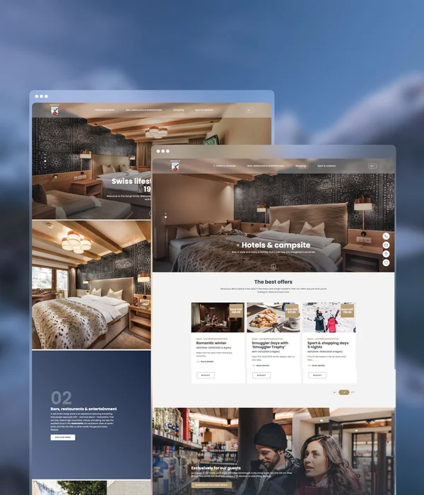 Rebranding the Hangl world in Samnaun Website showing hotel and campsite offers with images of rooms and guests