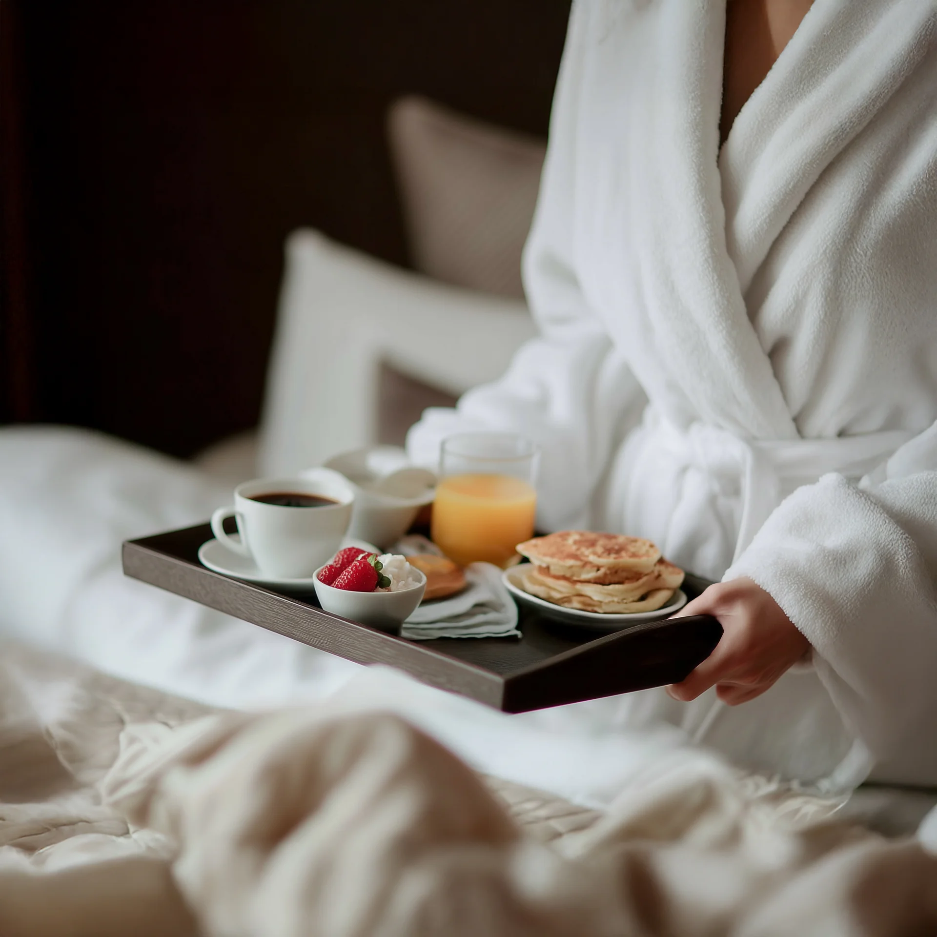 Frühstückstablett mit Kaffee, Orangensaft, Pfannkuchen und Erdbeeren im Bademantel gehalten