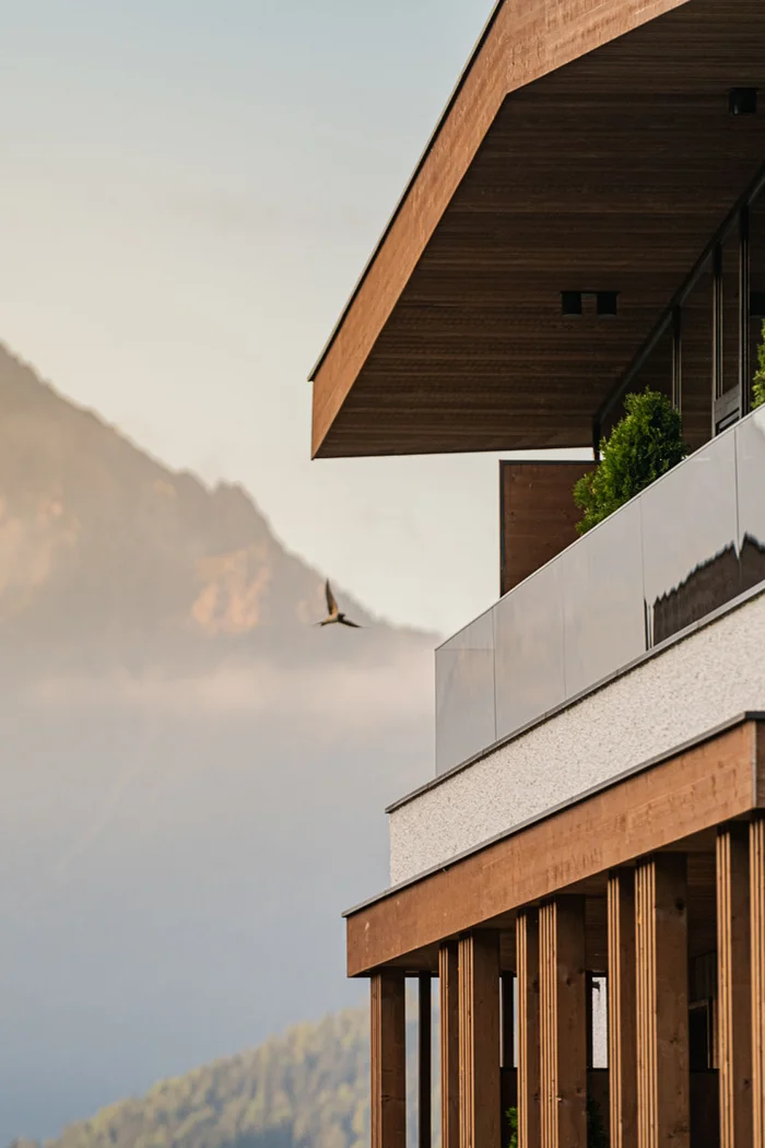 Moderne Holzbauten mit Berg im Nebel und Vogel im Flug