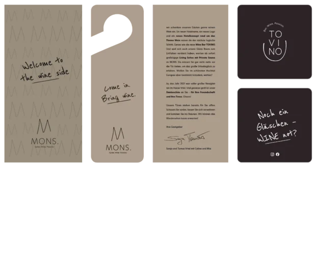 Willkommenskarte und Türhänger mit Wein-Thema vom MONS Hotel