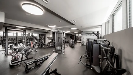 Modern gym with various exercise machines and large windows