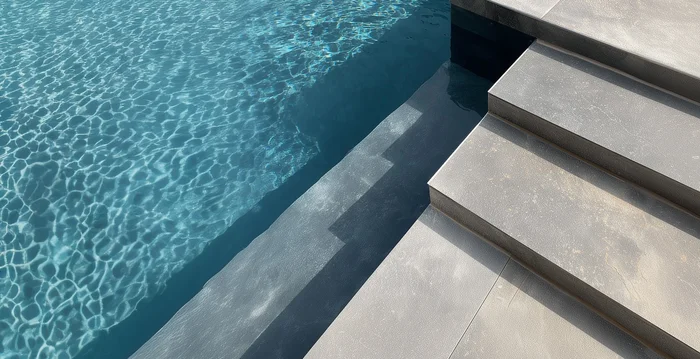 Moderne Poolstufen mit blau schimmerndem Wasser