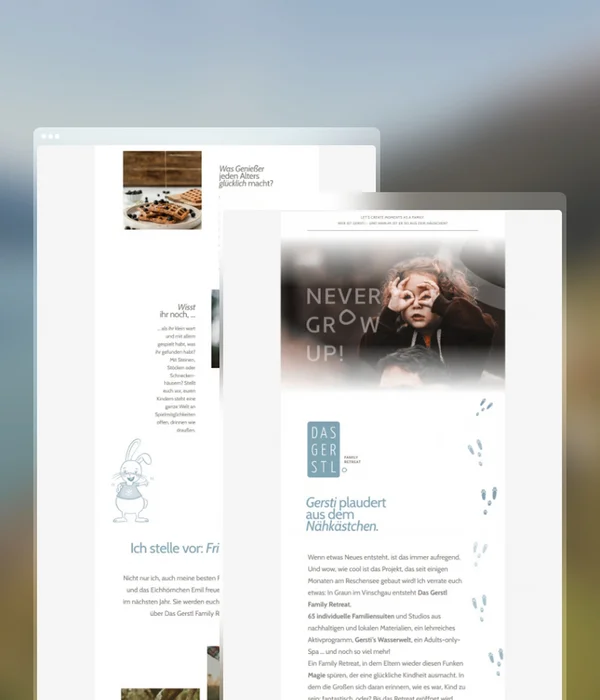 Screenshot of a webpage featuring a child and text about Das Gerstl Family Retreat