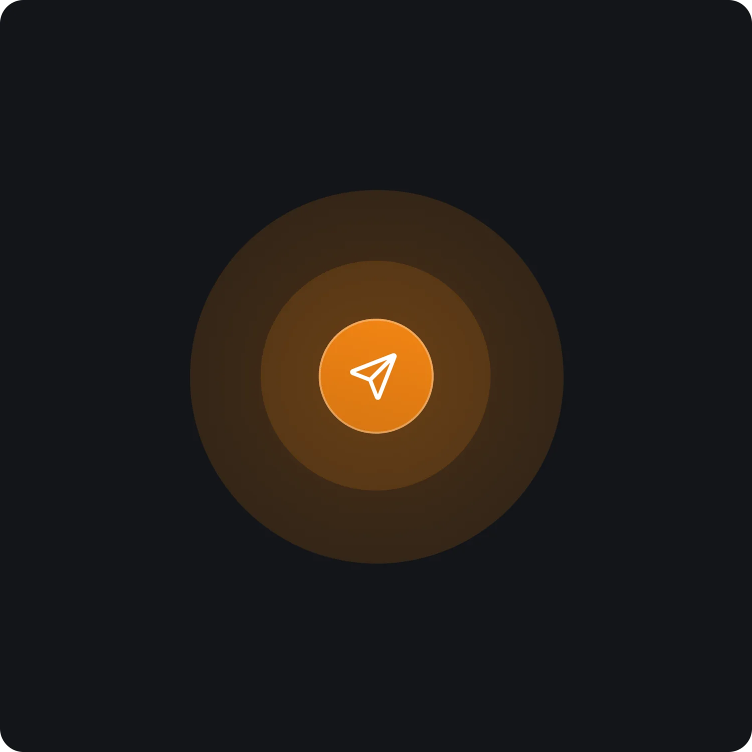 Orangefarbener Papierflieger-Button mit konzentrischen Kreisen auf schwarzem Hintergrund