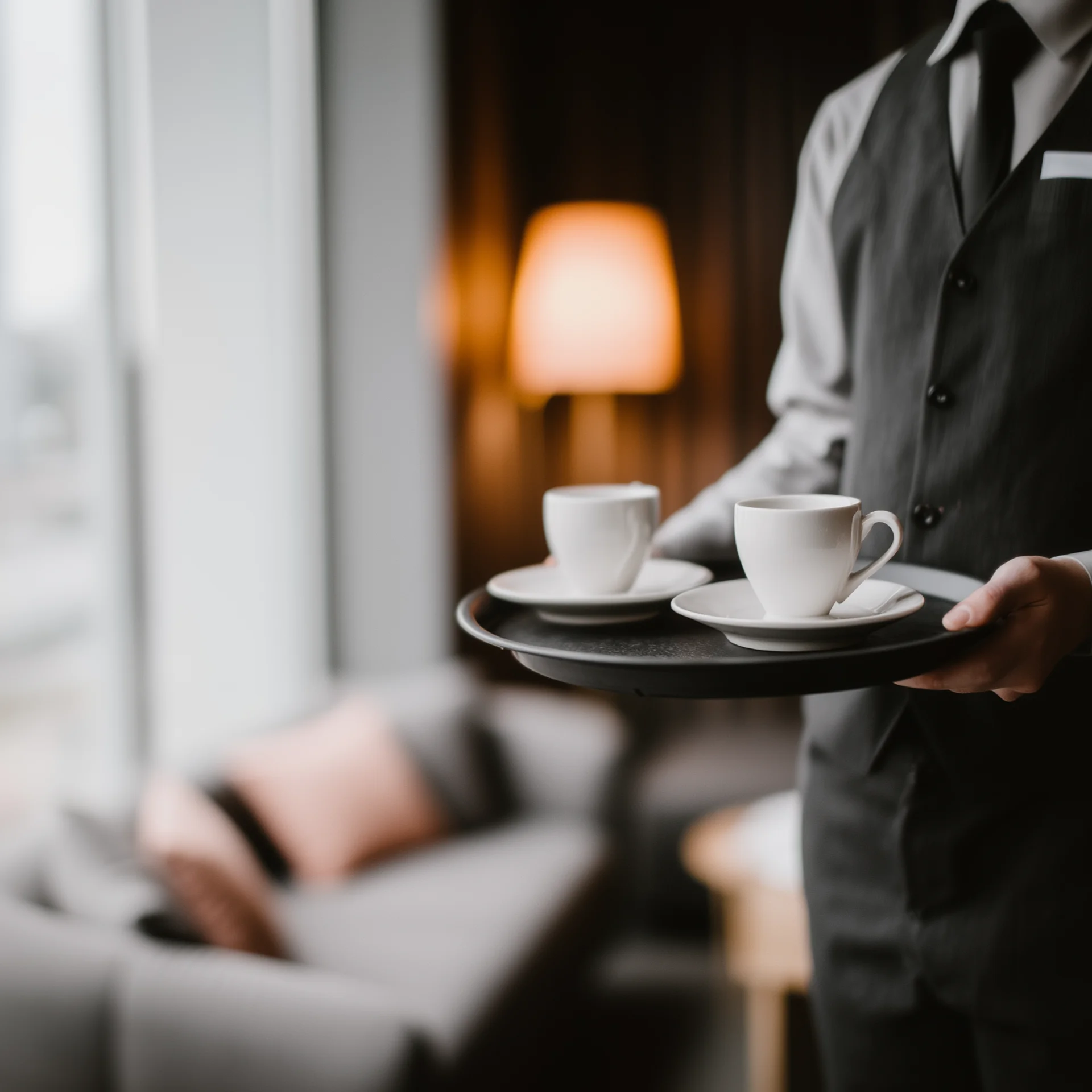 Kellner trägt zwei Tassen Kaffee auf Tablett in gemütlichem Hotelzimmer