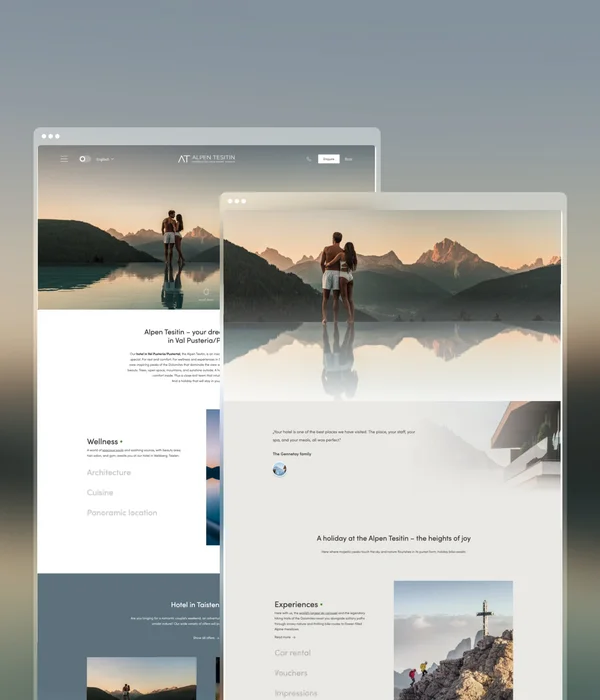 A stylish new website for the Alpen Tesitin in South Tyrol Couple at infinity pool with mountain view at sunset on hotel website