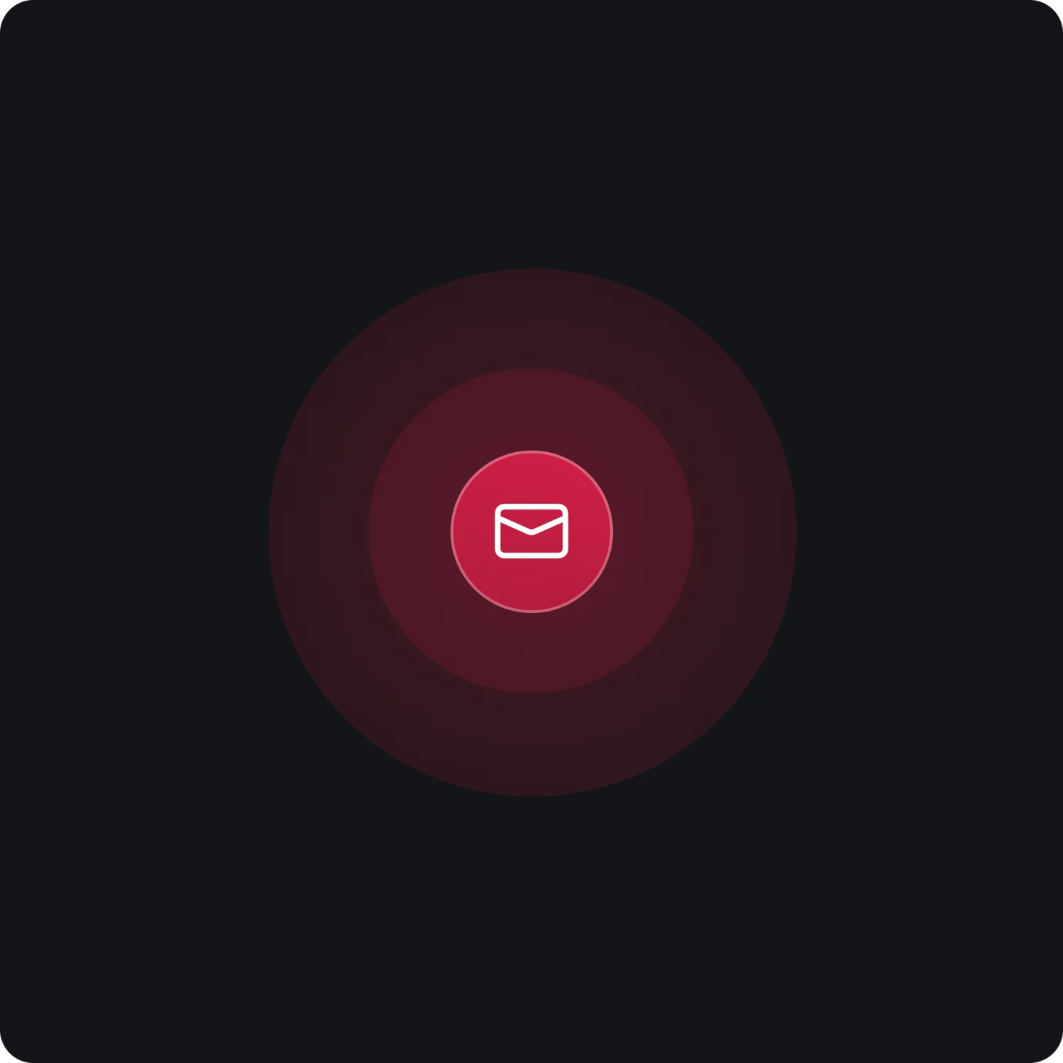 Rote E-Mail-Symbol in der Mitte mit dunklen konzentrischen Kreisen auf schwarzem Hintergrund