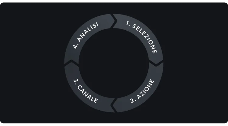 Diagramma circolare con fasi 1 selezione, 2 azione, 3 canale, 4 analisi