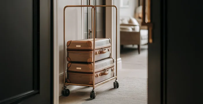 Zwei braune Koffer auf einem goldenen Gepäckwagen in einem eleganten Hotelzimmer