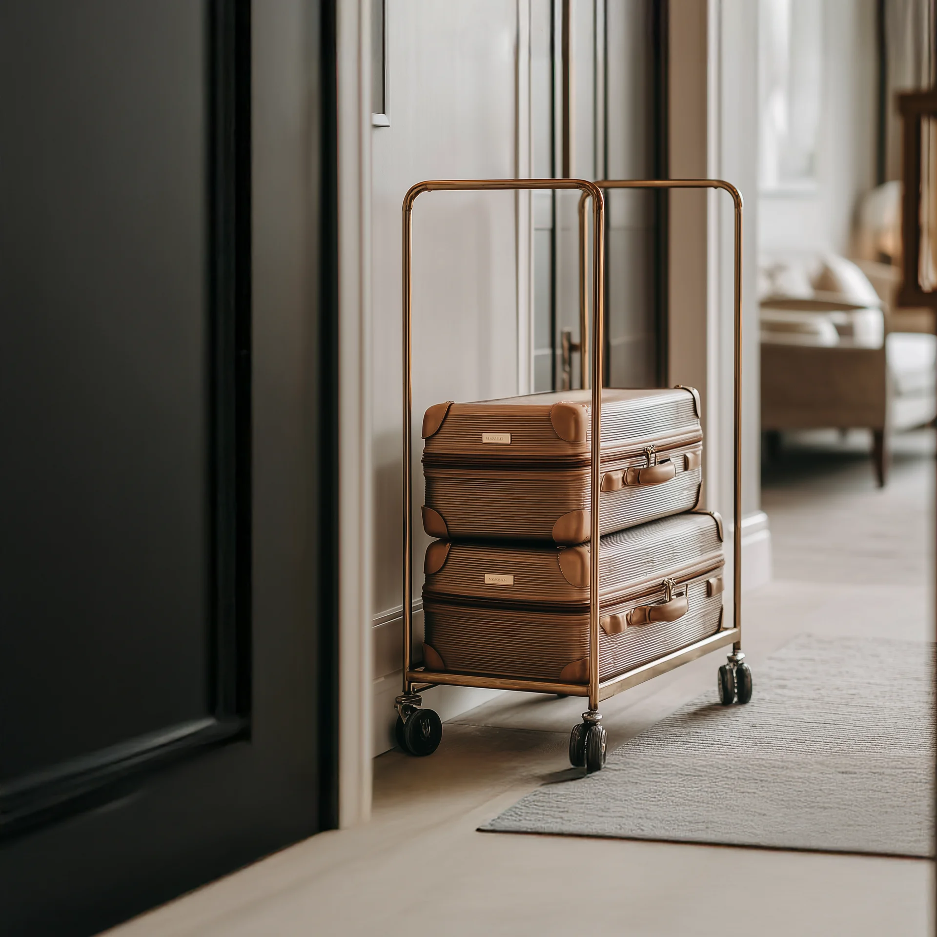 Zwei braune Koffer auf einem goldenen Gepäckwagen in einem eleganten Hotelzimmer