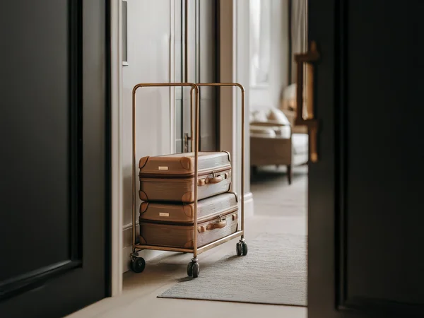 Zwei braune Koffer auf einem goldenen Gepäckwagen in einem eleganten Hotelzimmer