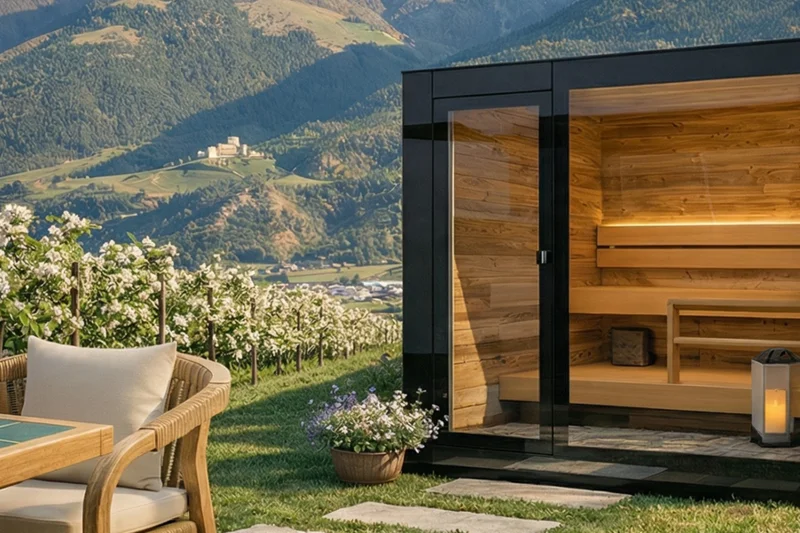Two worlds, one signature Garden sauna with mountain views, armchair and flowering garden