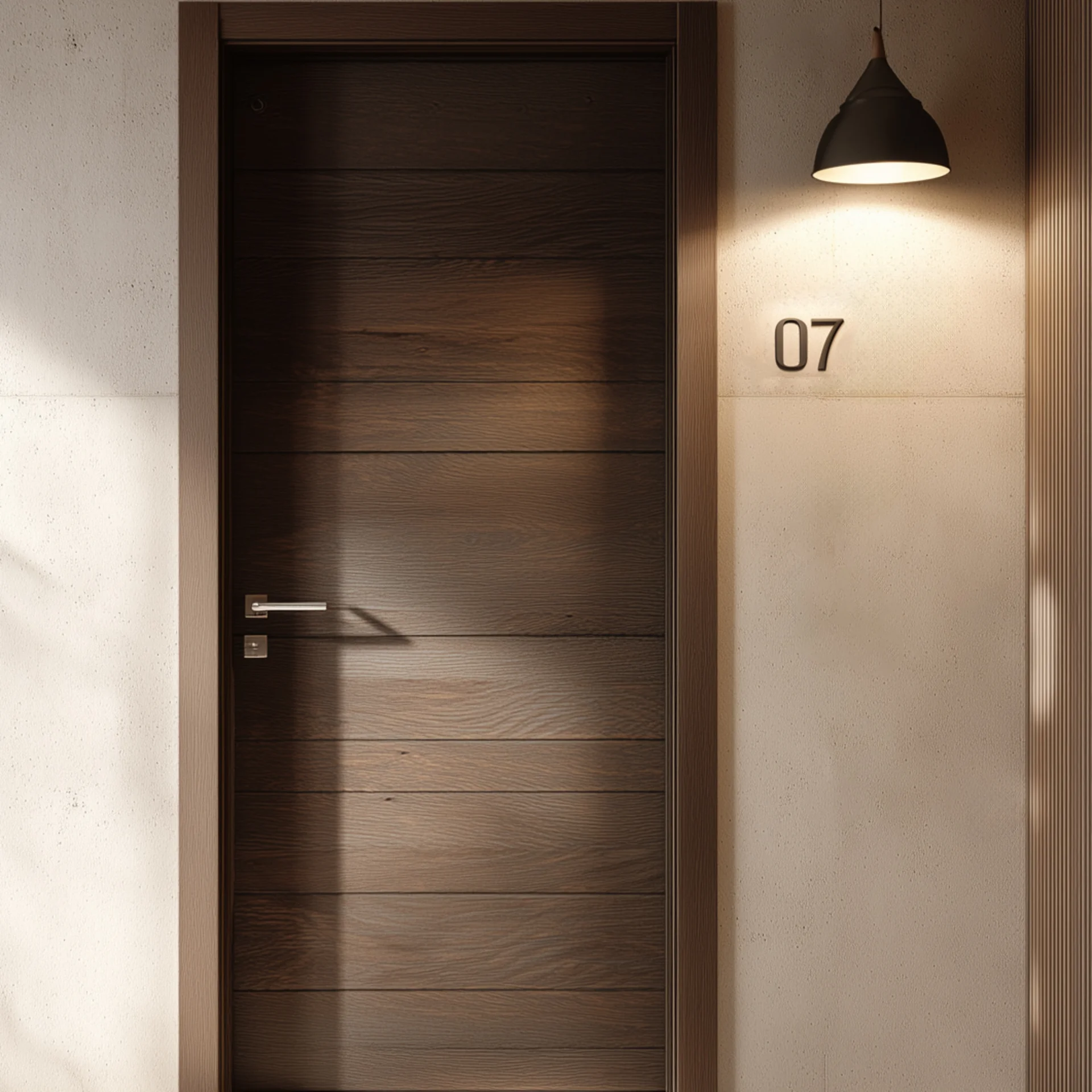 Moderne Wohnungstür mit Nummer 07 und hängender Lampe
