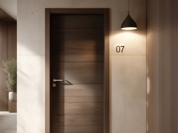 Moderne Wohnungstür mit Nummer 07 und hängender Lampe