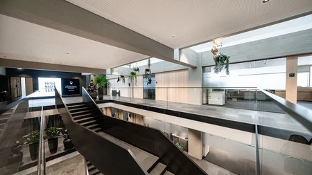 Modern interior with stairs, glass railing, and hanging plants