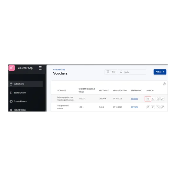 Screenshot der Gutscheinverwaltung mit Filter- und Suchoptionen