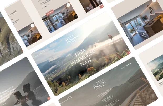 Website mit Bildern von Berglandschaften und modernen Zimmern im Hotel Hubertus