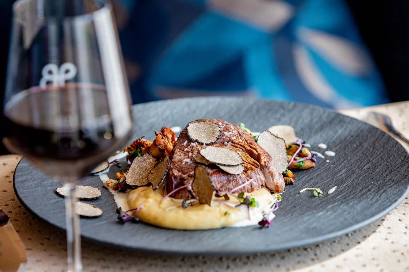 Pfalzblick Wald Spa Resort: posizionamento forte, su internet e fuori Piatto gourmet di carne con tartufo e contorni su piatto nero