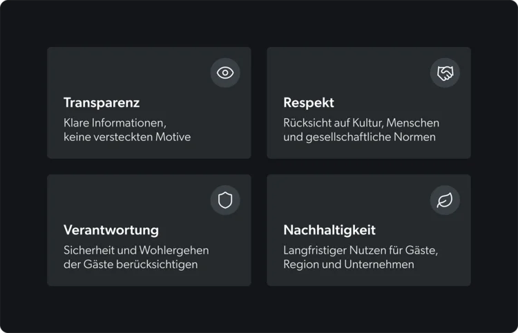 Ethik im Marketing: Wo zieht man die Grenze? Vier Werte: Transparenz, Respekt, Verantwortung, Nachhaltigkeit mit kurzen Beschreibungen