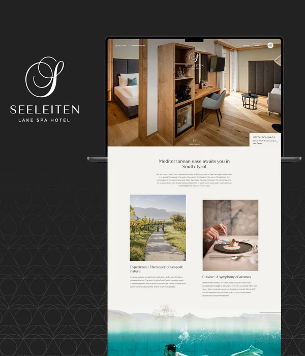 Seeelten Lake Spa Hotel website showing rooms, nature scenes, and cuisine images
