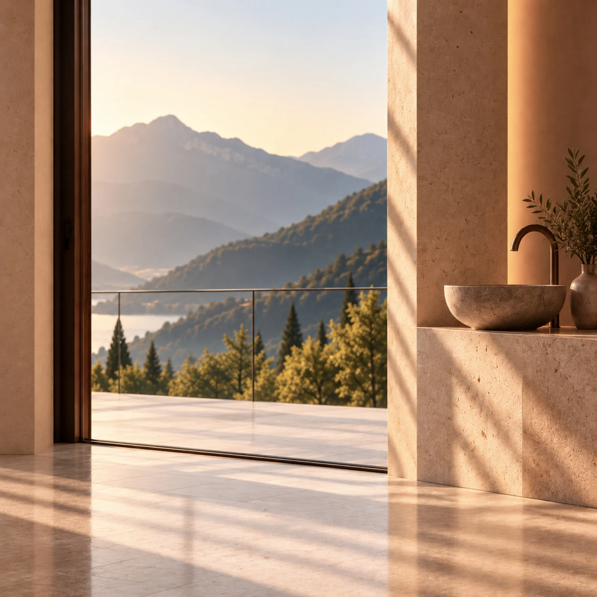 Brandnamic Selected: hotel brand Strategie Steinwaschbecken vor einem großen Fenster mit Blick auf Berge, Wald und See im Abendlicht