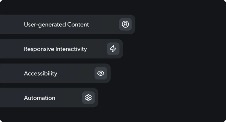 Liste von Funktionen: nutzergenerierte Inhalte, responsive Interaktivität, Barrierefreiheit, Automatisierung