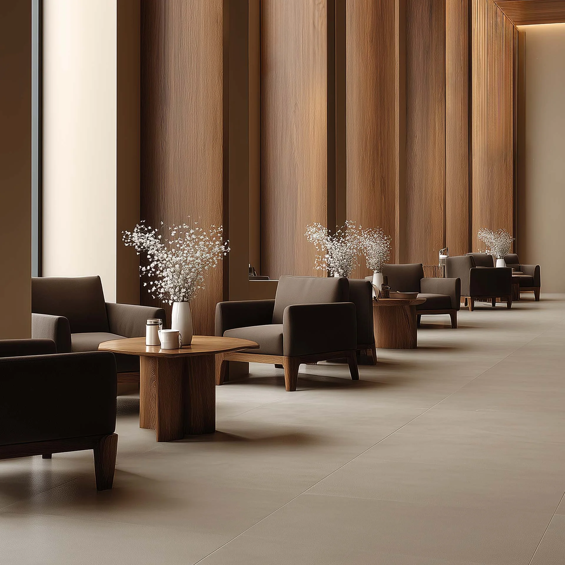 Moderne Lounge mit Holzvertäfelung, Sesseln und Tischen mit Blumenvasen
