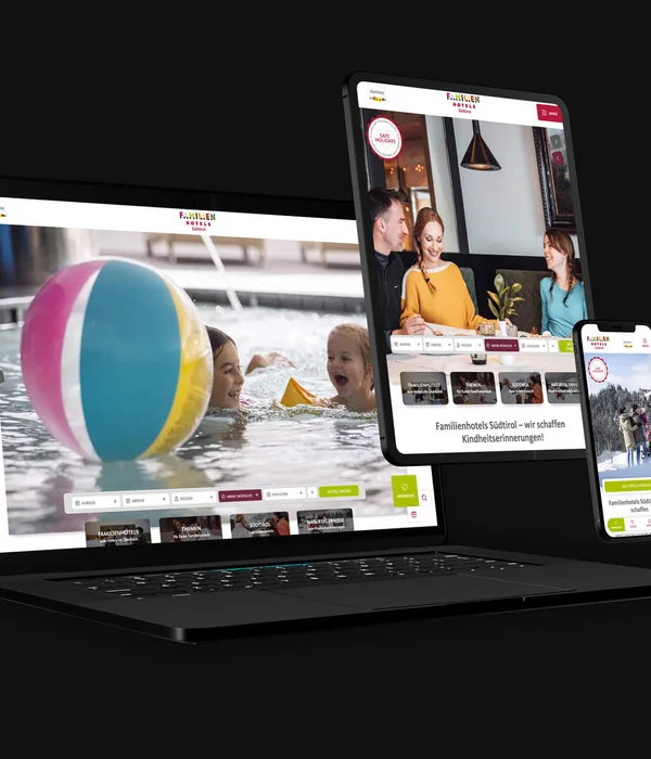 Website einer Familienhotel-Seite auf Laptop, Tablet und Smartphone angezeigt