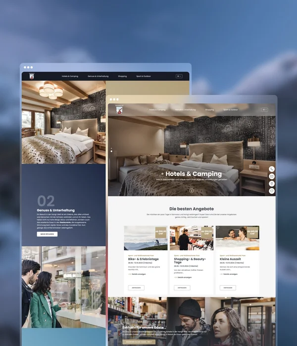 Webseite für Hotels und Camping mit Angeboten und Bildern von Zimmern und Gästen