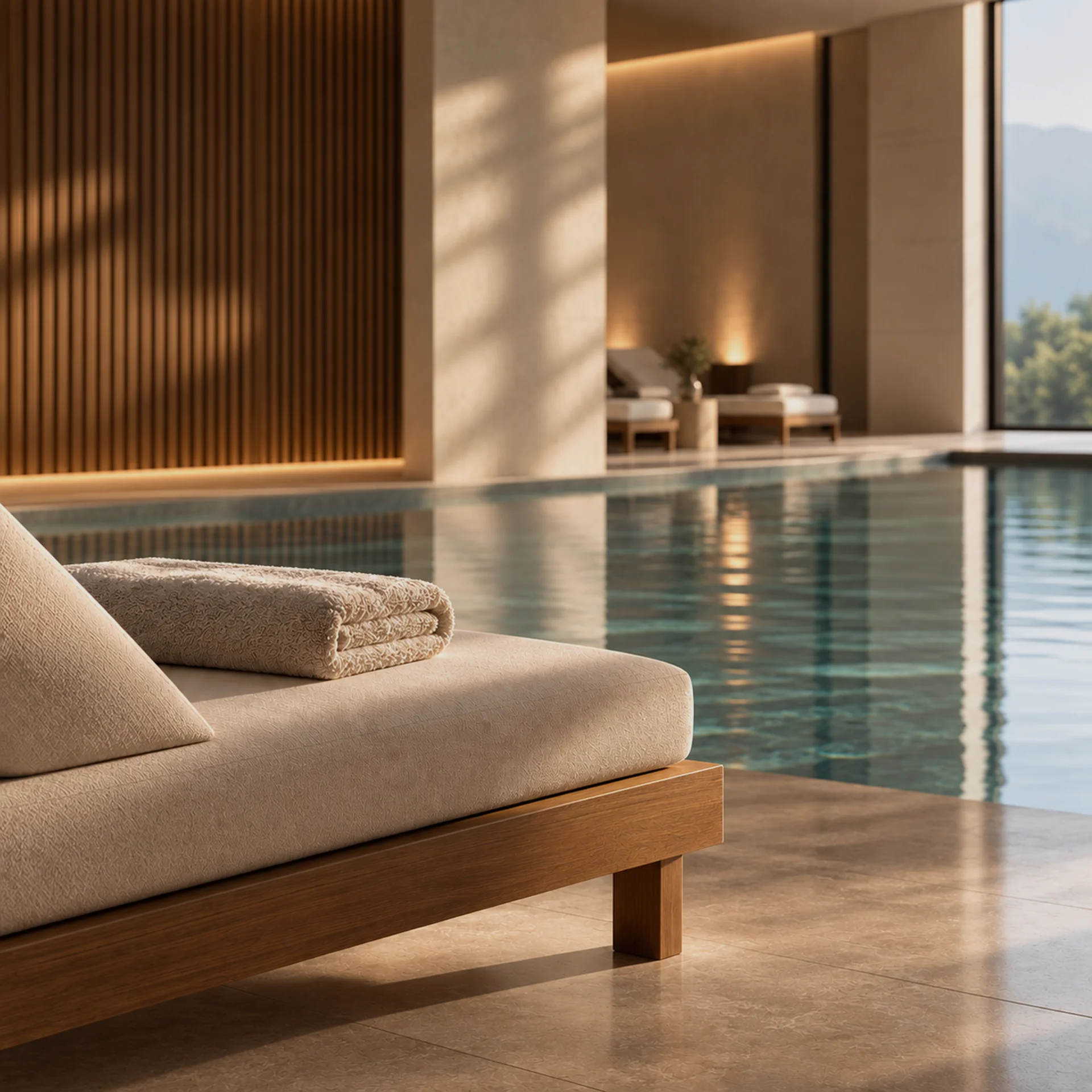 The copywriting agency for effective texts and translations Modern indoor pool with a daybed, folded towels and large windows