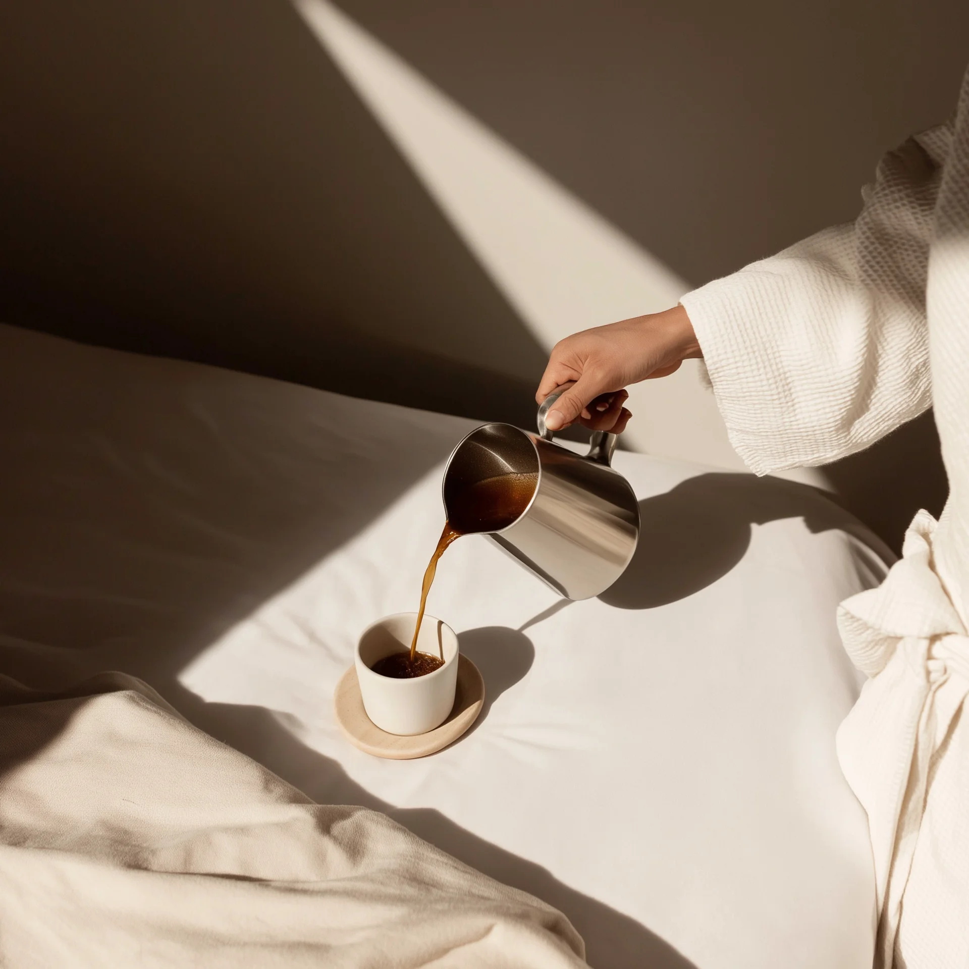 Hand gießt Kaffee aus Metallkanne in Tasse auf Bett mit Tageslicht