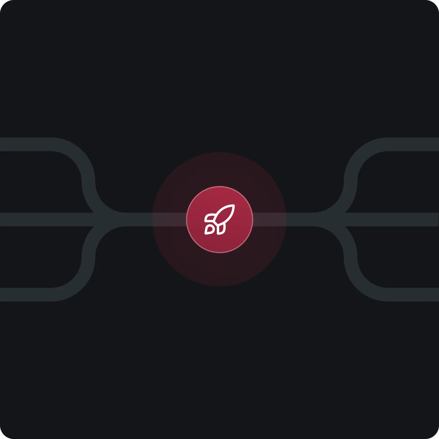 Rotes Raketen-Symbol in der Mitte eines dunklen Flussdiagramms