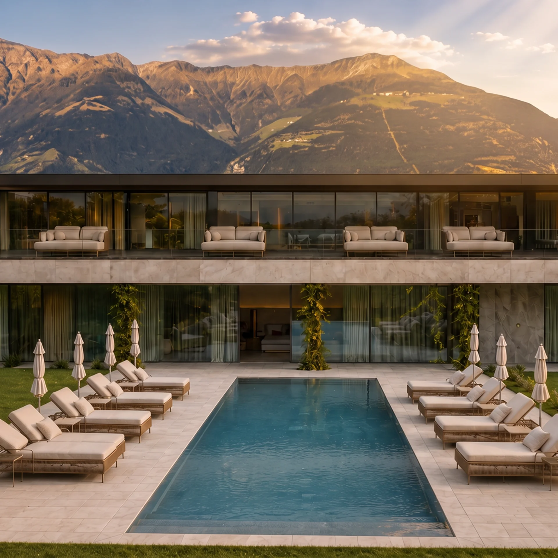 Two worlds, one signature Modern hotel with outdoor pool and loungers against a mountain backdrop