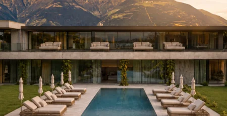 Modern hotel with outdoor pool and loungers against a mountain backdrop