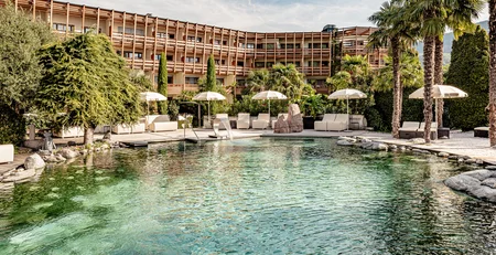 The best references for our hotel marketing Hotel pool with natural water, palm trees, and lounge chairs under a blue sky