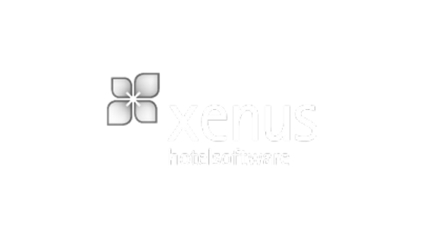 Xenus Logo mit blattförmigem Symbol und Text hotel software
