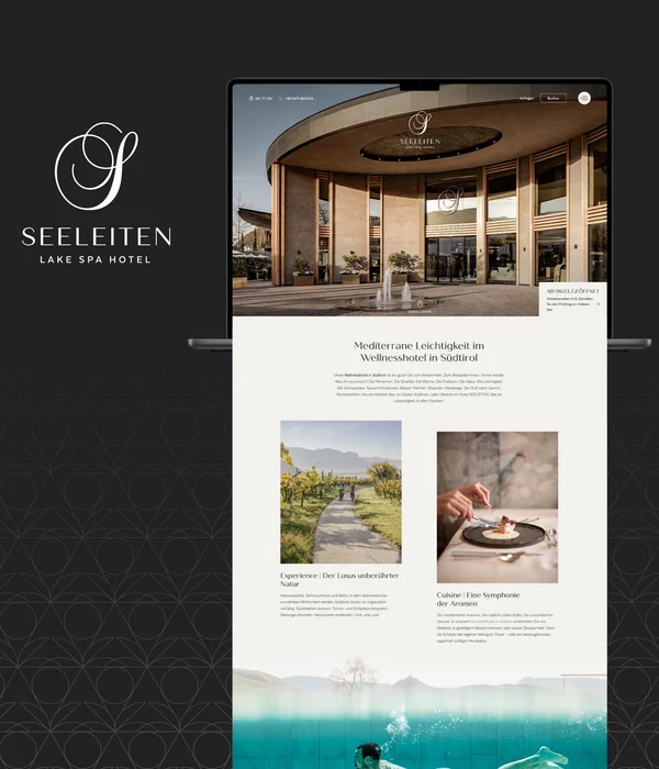 Website des Seeleiten Lake Spa Hotels mit Bildern von Natur, Gastronomie und Wellness