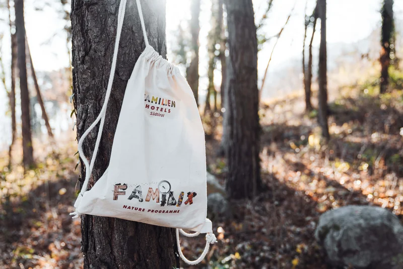 Die Familienhotels Südtirol – branded by Brandnamic Weißer Rucksack mit Familiensymbolen hängt an Baum im Wald