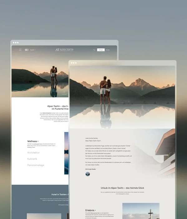 Eine stylishe neue Website für das Alpen Tesitin im Hochpustertal Webseitenansicht mit Paar vor Berglandschaft im Sonnenuntergang